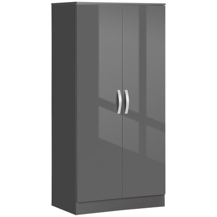 High Gloss 2 Door Wardrobe with Hanging Rod & Shelf, Anti-Tipping Design - Grey