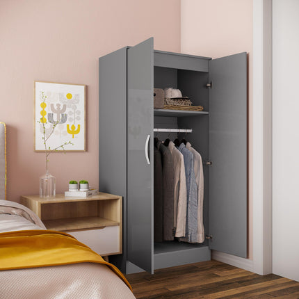 High Gloss 2 Door Wardrobe with Hanging Rod & Shelf, Anti-Tipping Design - Grey