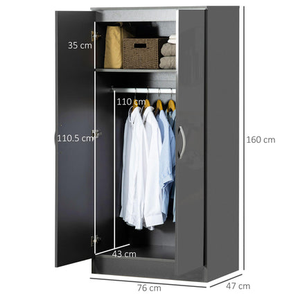 High Gloss 2 Door Wardrobe with Hanging Rod & Shelf, Anti-Tipping Design - Grey