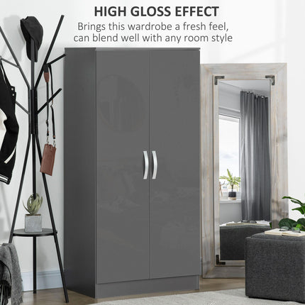 High Gloss 2 Door Wardrobe with Hanging Rod & Shelf, Anti-Tipping Design - Grey