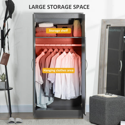 High Gloss 2 Door Wardrobe with Hanging Rod & Shelf, Anti-Tipping Design - Grey