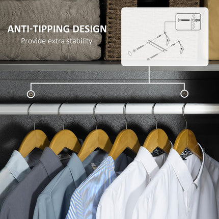 High Gloss 2 Door Wardrobe with Hanging Rod & Shelf, Anti-Tipping Design - Grey