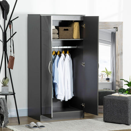 High Gloss 2 Door Wardrobe with Hanging Rod & Shelf, Anti-Tipping Design - Grey