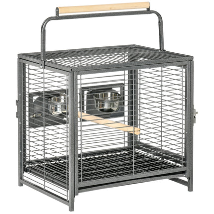 Metal Parrot Travel and Breeding Cage for Small Birds with Wooden Perch and Bowls - Black