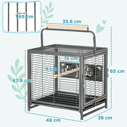 Metal Parrot Travel and Breeding Cage for Small Birds with Wooden Perch and Bowls - Black