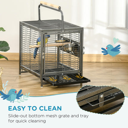 Metal Parrot Travel and Breeding Cage for Small Birds with Wooden Perch and Bowls - Black