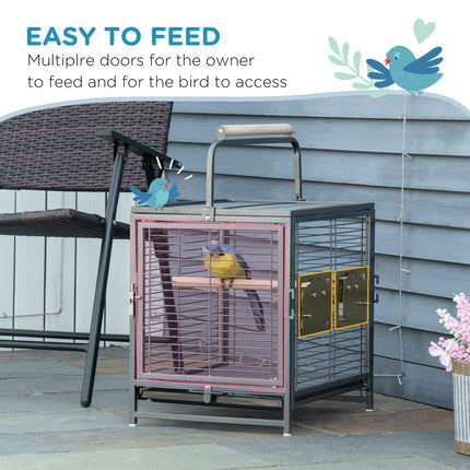 Metal Parrot Travel and Breeding Cage for Small Birds with Wooden Perch and Bowls - Black
