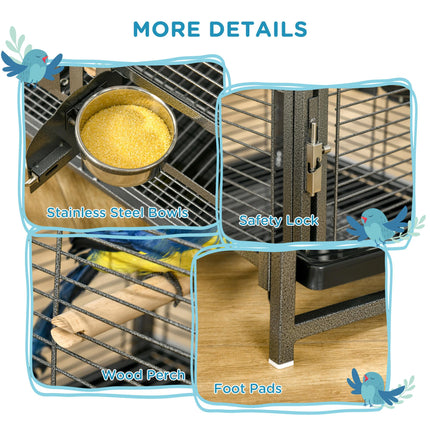 Metal Parrot Travel and Breeding Cage for Small Birds with Wooden Perch and Bowls - Black