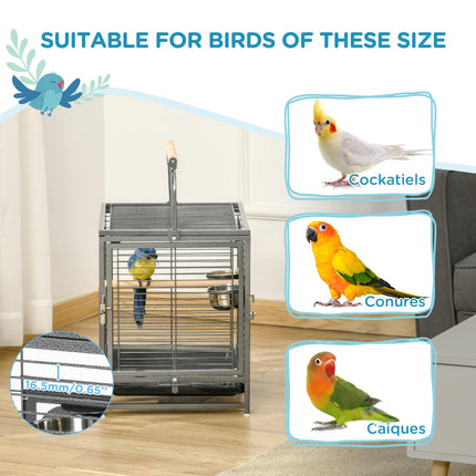 Metal Parrot Travel and Breeding Cage for Small Birds with Wooden Perch and Bowls - Black