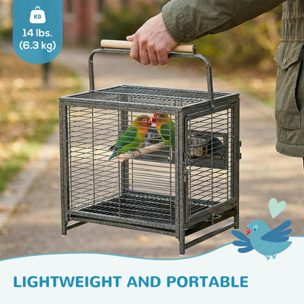 Metal Parrot Travel and Breeding Cage for Small Birds with Wooden Perch and Bowls - Black