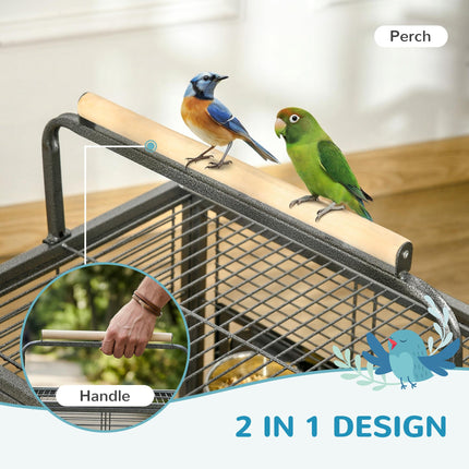 Metal Parrot Travel and Breeding Cage for Small Birds with Wooden Perch and Bowls - Black