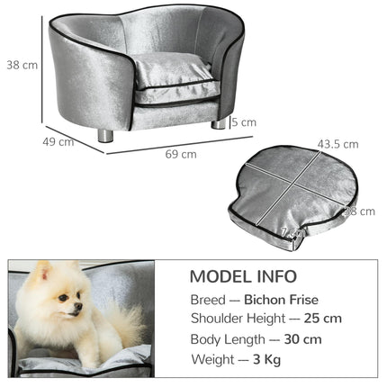 Pet Sofa Couch for Small Dogs and Cats with Storage Pocket and Removable Cushion, 69x49x38cm - Silver Grey