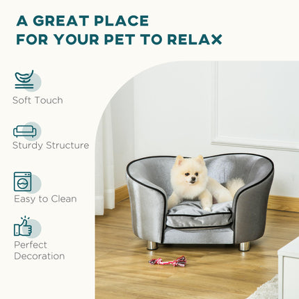 Pet Sofa Couch for Small Dogs and Cats with Storage Pocket and Removable Cushion, 69x49x38cm - Silver Grey