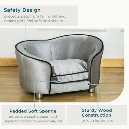 Pet Sofa Couch for Small Dogs and Cats with Storage Pocket and Removable Cushion, 69x49x38cm - Silver Grey