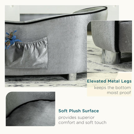 Pet Sofa Couch for Small Dogs and Cats with Storage Pocket and Removable Cushion, 69x49x38cm - Silver Grey