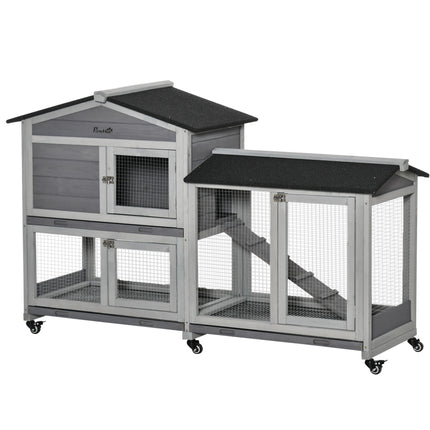 Two-Tier Wooden Rabbit and Guinea Pig Hutch with Run, Wheels, Ramp & Slide-Out Tray 157.4x53x99.5 cm - Grey and Black