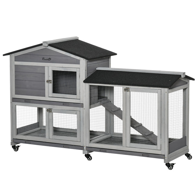 Two-Tier Wooden Rabbit and Guinea Pig Hutch with Run, Wheels, Ramp & Slide-Out Tray 157.4x53x99.5 cm - Grey and Black