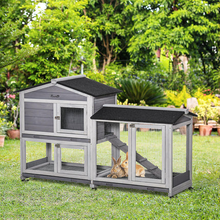 Two-Tier Wooden Rabbit and Guinea Pig Hutch with Run, Wheels, Ramp & Slide-Out Tray 157.4x53x99.5 cm - Grey and Black