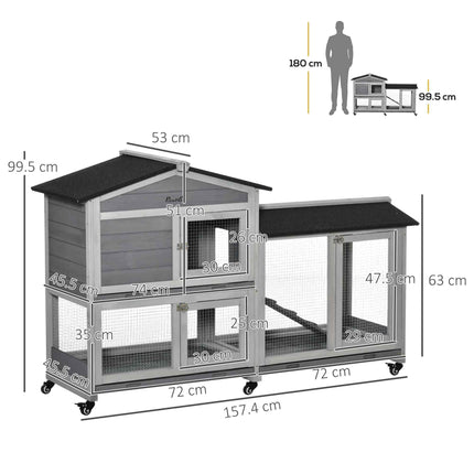 Two-Tier Wooden Rabbit and Guinea Pig Hutch with Run, Wheels, Ramp & Slide-Out Tray 157.4x53x99.5 cm - Grey and Black