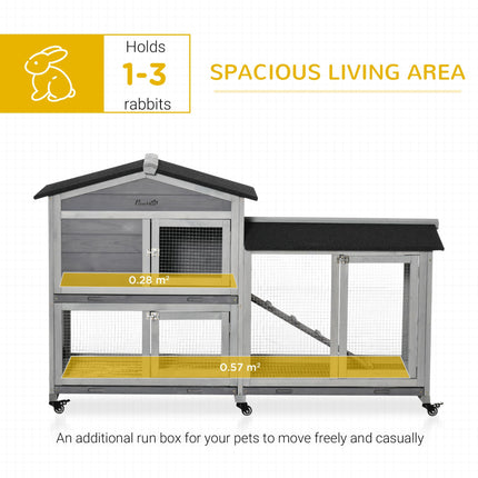 Two-Tier Wooden Rabbit and Guinea Pig Hutch with Run, Wheels, Ramp & Slide-Out Tray 157.4x53x99.5 cm - Grey and Black
