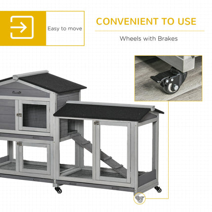 Two-Tier Wooden Rabbit and Guinea Pig Hutch with Run, Wheels, Ramp & Slide-Out Tray 157.4x53x99.5 cm - Grey and Black