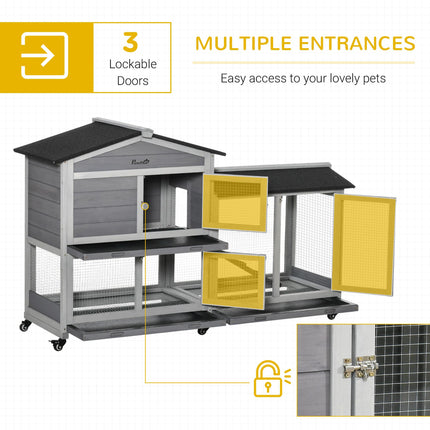 Two-Tier Wooden Rabbit and Guinea Pig Hutch with Run, Wheels, Ramp & Slide-Out Tray 157.4x53x99.5 cm - Grey and Black