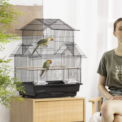 Metal Bird Cage with Swing, Perch, Food Container & Tray for Finch Canary Budgie 50.5x40x63cm - Black