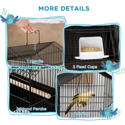 Metal Bird Cage with Swing, Perch, Food Container & Tray for Finch Canary Budgie 50.5x40x63cm - Black