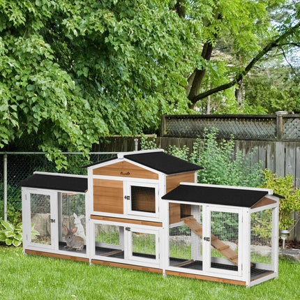 2 Tier Wooden Rabbit Hutch with Double Side Run Boxes, Slide-out Tray & Ramp, 230x53x93.5cm - Black White Yellow