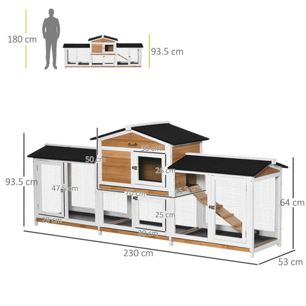 2 Tier Wooden Rabbit Hutch with Double Side Run Boxes, Slide-out Tray & Ramp, 230x53x93.5cm - Black White Yellow