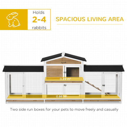 2 Tier Wooden Rabbit Hutch with Double Side Run Boxes, Slide-out Tray & Ramp, 230x53x93.5cm - Black White Yellow
