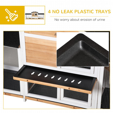 2 Tier Wooden Rabbit Hutch with Double Side Run Boxes, Slide-out Tray & Ramp, 230x53x93.5cm - Black White Yellow