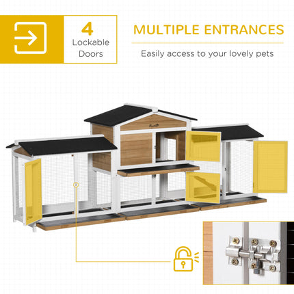 2 Tier Wooden Rabbit Hutch with Double Side Run Boxes, Slide-out Tray & Ramp, 230x53x93.5cm - Black White Yellow