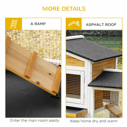 2 Tier Wooden Rabbit Hutch with Double Side Run Boxes, Slide-out Tray & Ramp, 230x53x93.5cm - Black White Yellow