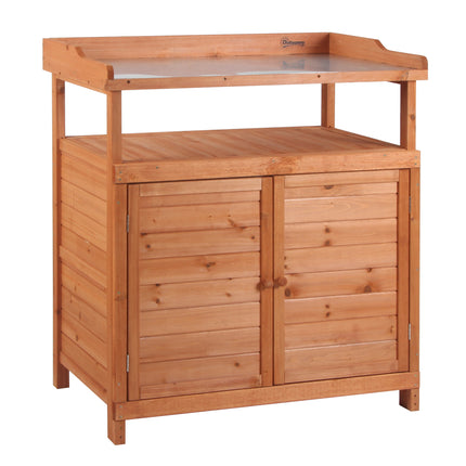 Multi-function Potting Bench Table with Storage Cabinet and Galvanized Top, 98x47x105cm - Orange