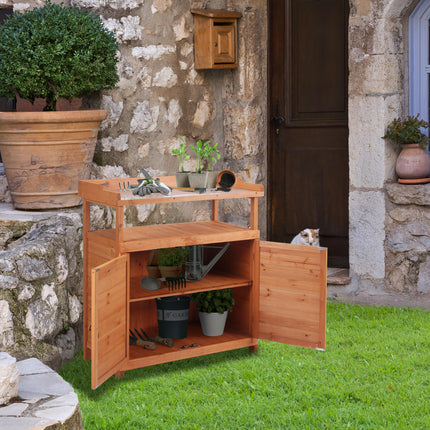 Multi-function Potting Bench Table with Storage Cabinet and Galvanized Top, 98x47x105cm - Orange