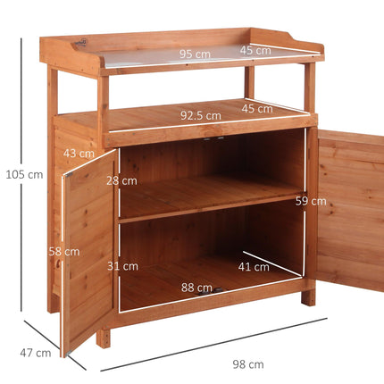 Multi-function Potting Bench Table with Storage Cabinet and Galvanized Top, 98x47x105cm - Orange