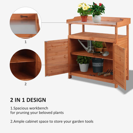 Multi-function Potting Bench Table with Storage Cabinet and Galvanized Top, 98x47x105cm - Orange