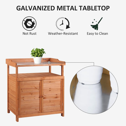 Multi-function Potting Bench Table with Storage Cabinet and Galvanized Top, 98x47x105cm - Orange
