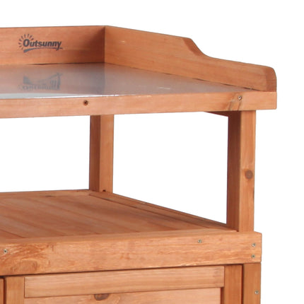 Multi-function Potting Bench Table with Storage Cabinet and Galvanized Top, 98x47x105cm - Orange