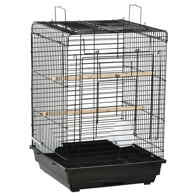 Steel Bird Cage with Stand, Openable Top, Tray, Handles & Feeding Bowls for Parakeet Finch - Black