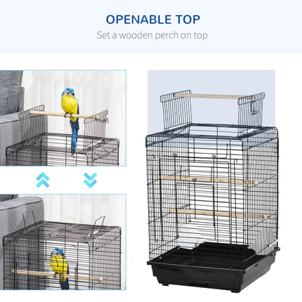 Steel Bird Cage with Stand, Openable Top, Tray, Handles & Feeding Bowls for Parakeet Finch - Black