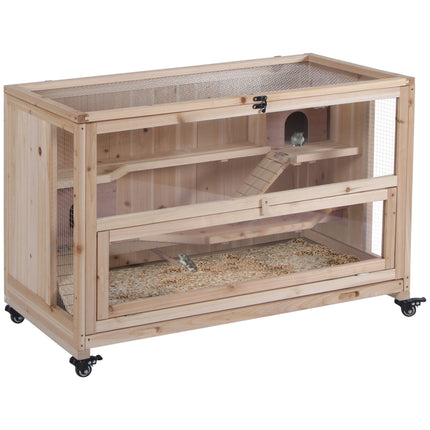 Wooden 3-Tier Hamster Cage with Wheels and Tray, Small Rodent Hutch 99x50x69 cm - Natural Wood