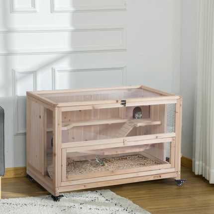 Wooden 3-Tier Hamster Cage with Wheels and Tray, Small Rodent Hutch 99x50x69 cm - Natural Wood