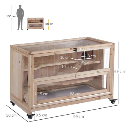 Wooden 3-Tier Hamster Cage with Wheels and Tray, Small Rodent Hutch 99x50x69 cm - Natural Wood