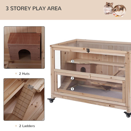 Wooden 3-Tier Hamster Cage with Wheels and Tray, Small Rodent Hutch 99x50x69 cm - Natural Wood