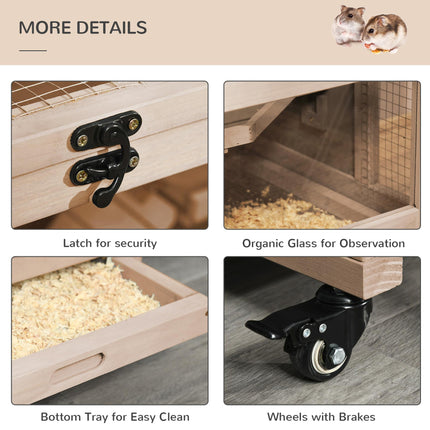 Wooden 3-Tier Hamster Cage with Wheels and Tray, Small Rodent Hutch 99x50x69 cm - Natural Wood