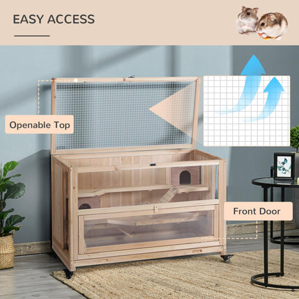 Wooden 3-Tier Hamster Cage with Wheels and Tray, Small Rodent Hutch 99x50x69 cm - Natural Wood