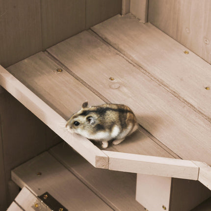 Wooden 3-Tier Hamster Cage with Wheels and Tray, Small Rodent Hutch 99x50x69 cm - Natural Wood