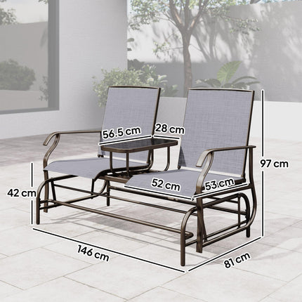 2 Seater Metal Swing Glider with Glass Table - Brown & Grey